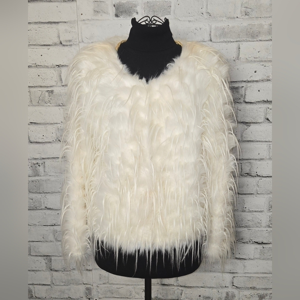 FURious Fur White Spiky Faux Fur Cropped Jacket Glam Party Coat Size M